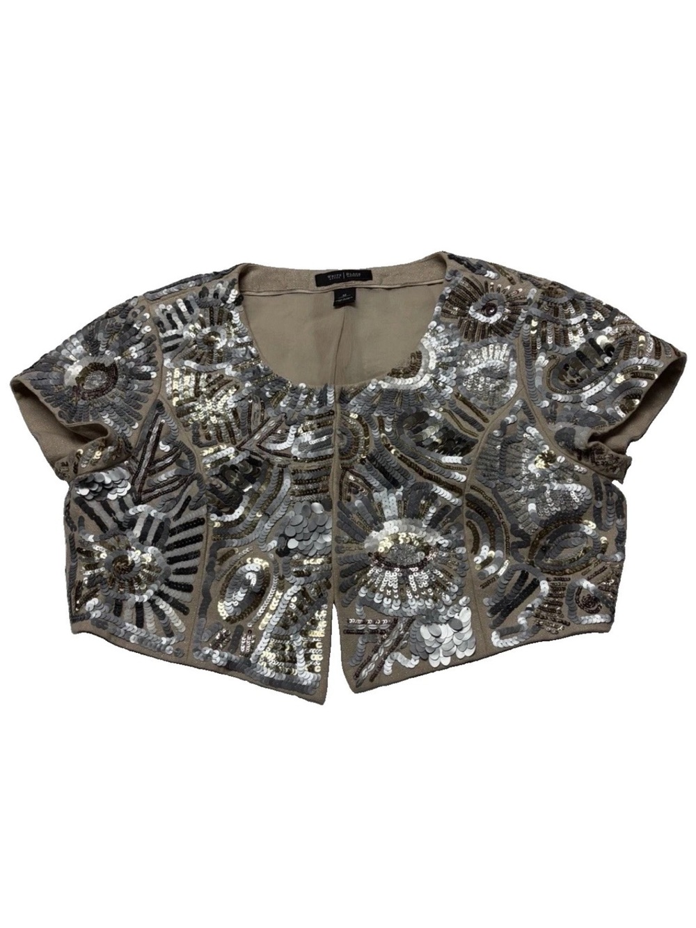 WHBM Cropped Sequin Bolero Jacket Sz M Silver & Bronze sequins